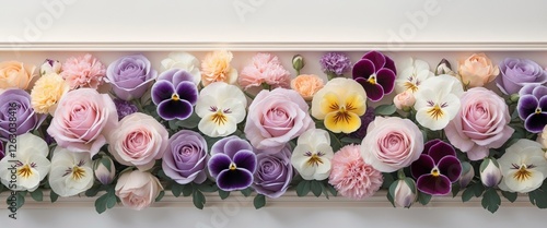 Fototapeta Naklejka Na Ścianę i Meble -  Vibrant Floral Border of Roses Pansies and Carnations.