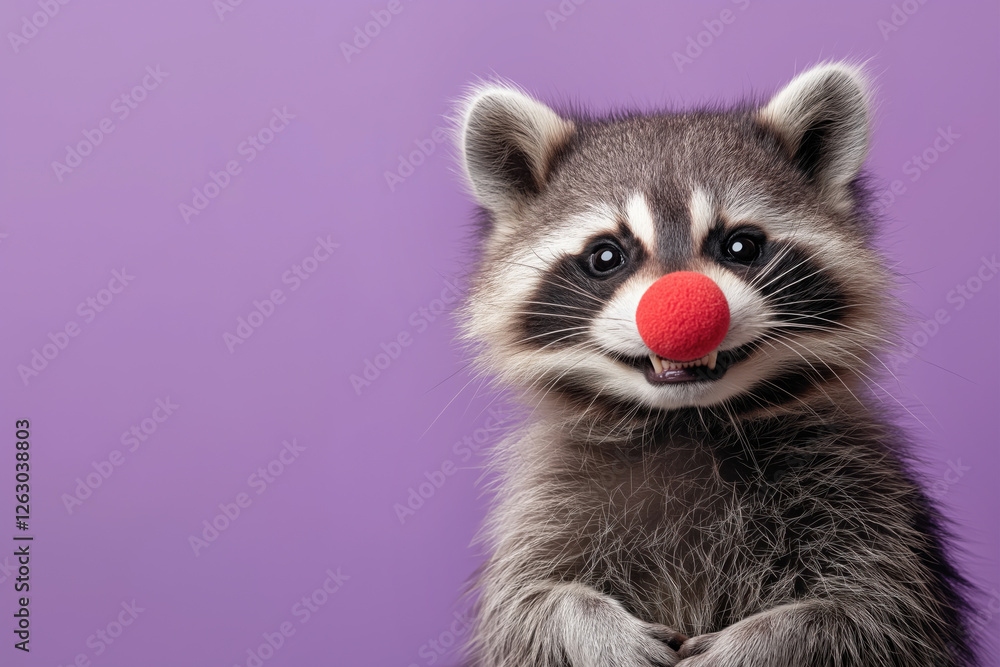 A cheerful raccoon with a red clown nose sits on the right on a purple background. Humorous image. Banner for April Fools' Day A cheerful raccoon with a red clown nose sits on the right on a purple background. Humorous image. Banner for April Fools' Day
