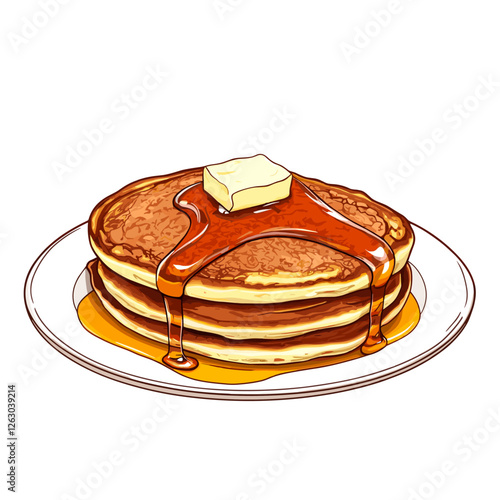 Delicious pancakes with butter in a cartoon style. Vector illustration of fresh and fluffy pancakes drizzled with maple syrup and a piece of butter isolated on a white background. American breakfast