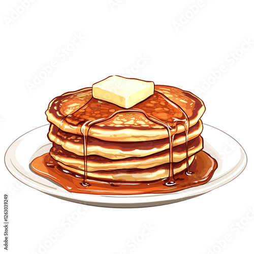 Delicious pancakes with butter in a cartoon style. Vector illustration of fresh and fluffy pancakes drizzled with maple syrup and a piece of butter isolated on a white background. American breakfast