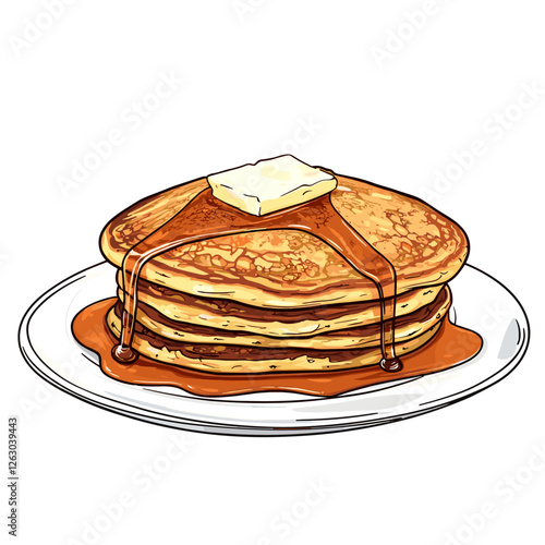 Delicious pancakes with butter in a cartoon style. Vector illustration of fresh and fluffy pancakes drizzled with maple syrup and a piece of butter isolated on a white background. American breakfast