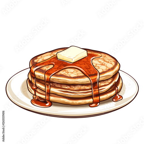 Delicious pancakes with butter in a cartoon style. Vector illustration of fresh and fluffy pancakes drizzled with maple syrup and a piece of butter isolated on a white background. American breakfast