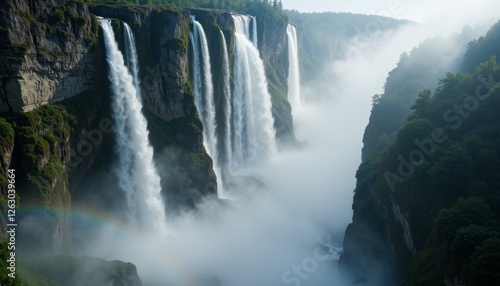 Beautiful waterfall flowing through rocks in Yosemite National Park surrounded by lush green trees and mountains