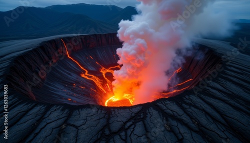 Burning fire in the forest with flames, smoke, and orange sky during a dangerous eruption at night