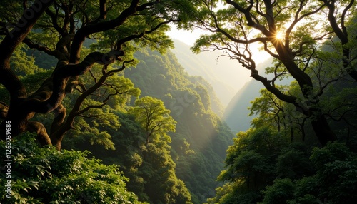 Morning sunlight streaming through the trees over a tranquil forest pond with reflections, surrounded by nature and misty mountains in a peaceful spring landscape