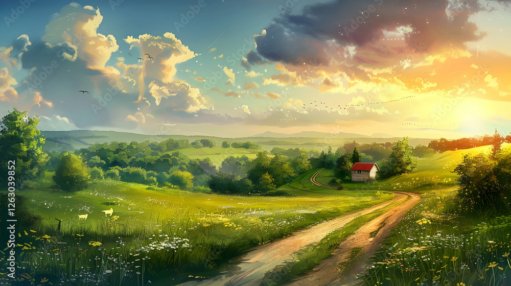 Obraz premium Serene countryside landscape at sunset with a winding path, lush fields, and a cozy cottage