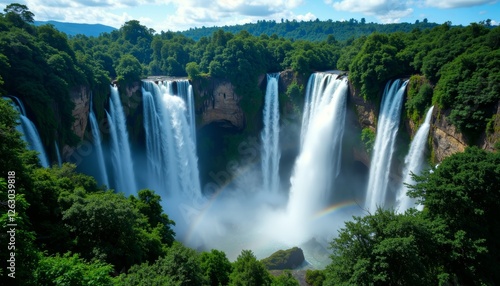 Beautiful waterfalls flowing through lush green forests and rocky landscapes