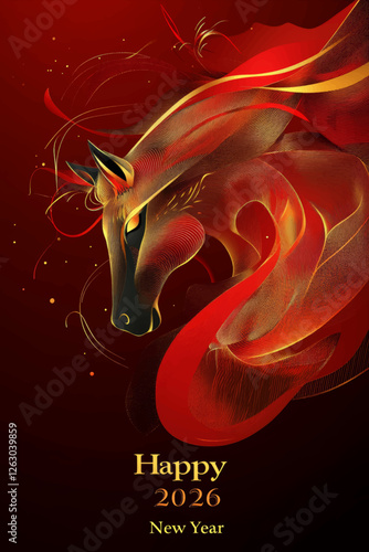 Elegant and luxurious vector illustration of a golden horse with intricate metallic details for New Year 2026 celebrations