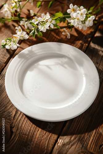 Empty white plate with spring cherry blossom branch on rustic wooden table. Easter holiday, Mother's day, Spring dinner setup with copy space. Feminine table serving photo