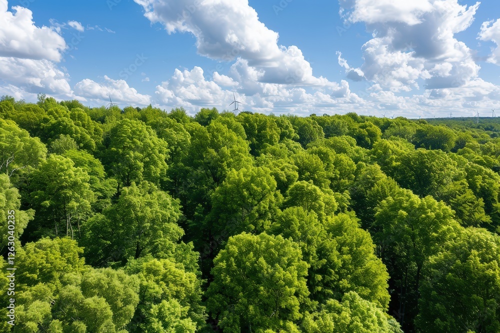 Lush Green Forest Canopy Under Blue Sky with Fluffy White Clouds and Wind Turbines in the Distance