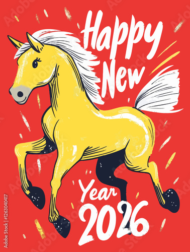 Bold and dynamic 2026 New Year vector illustration featuring a galloping golden horse with a festive red backdrop