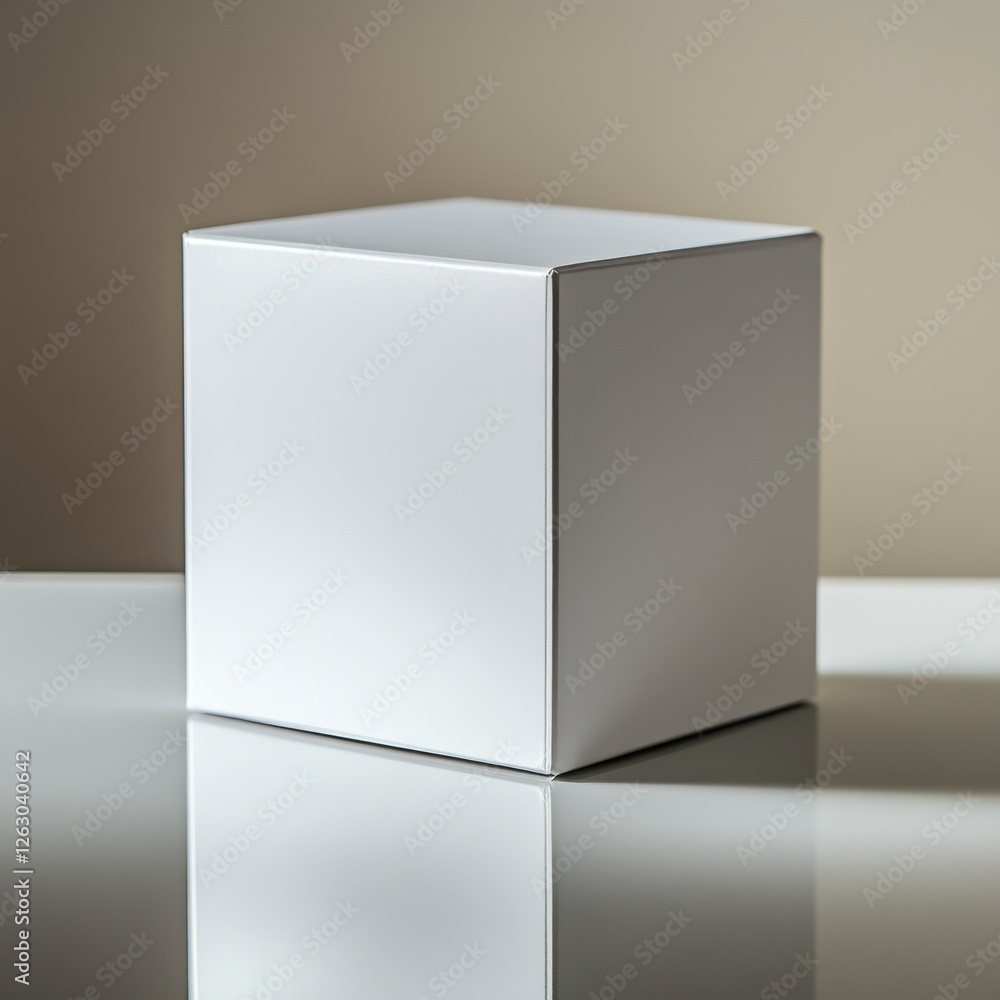 Minimalist White Cube on Reflective Surface - Abstract Geometric Still Life Minimalist White Cube on Reflective Surface - Abstract Geometric Still Life