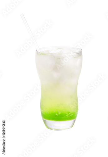 green apple italian soda in glass with ice and straw isolated on transparent background