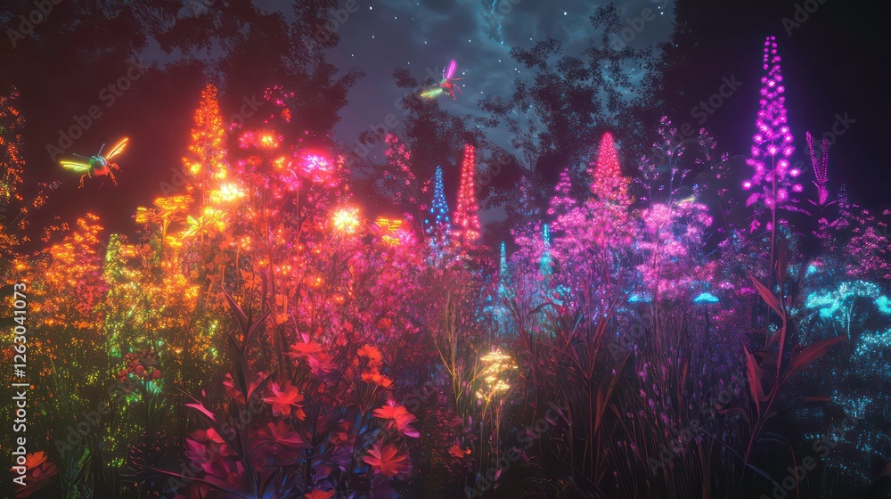 Fototapeta premium Glowing flowers and fireflies at night.