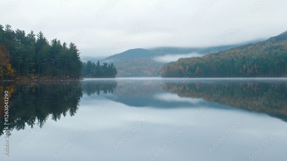 Serene Lake Reflection in Misty Autumn Landscape at Dawn Serene Lake Reflection in Misty Autumn Landscape at Dawn