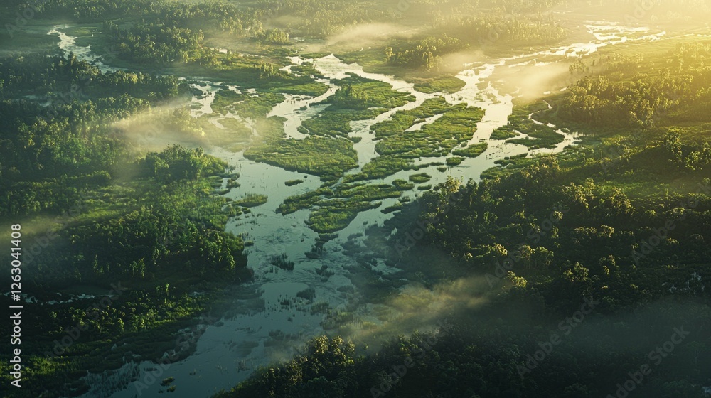 Aerial View of Serene Wetlands with Lush Green Landscape at Dawn Aerial View of Serene Wetlands with Lush Green Landscape at Dawn