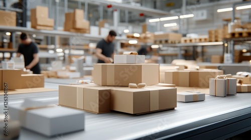 Stacked cardboard boxes on conveyor belt in busy warehouse during packaging process in modern logistics environment filled with workers organizing shipments