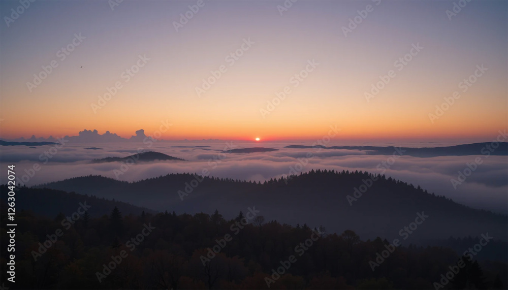 Mountain range covered in mist with sunrise light Mountain range covered in mist with sunrise light
