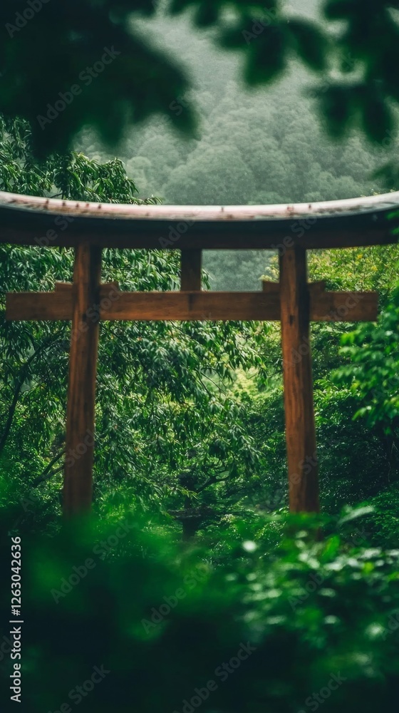 Tranquil Entrance to a Japanese Shrine Surrounded by Lush Greenery Tranquil Entrance to a Japanese Shrine Surrounded by Lush Greenery