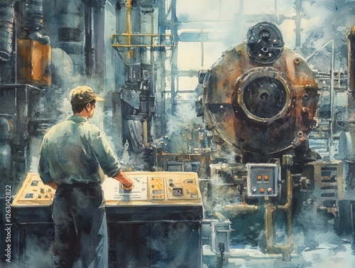 Worker checking industrial production systems, surrounded by complex machines, watercolor blending metallic details with muted tones of protective measures