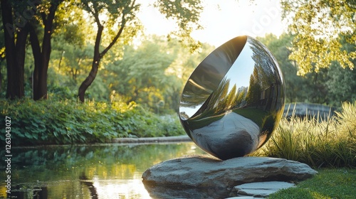 Reflective Metal Sculpture Surrounded by Greenery and Water in Park