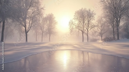 Serene Winter Landscape with Soft Light and Snowy Trees at Dawn