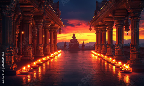 Diwali lights and rangoli decorations illuminate hindu temples at sunset celebrations spiritual environment with vibrant colors and festive spirit photo