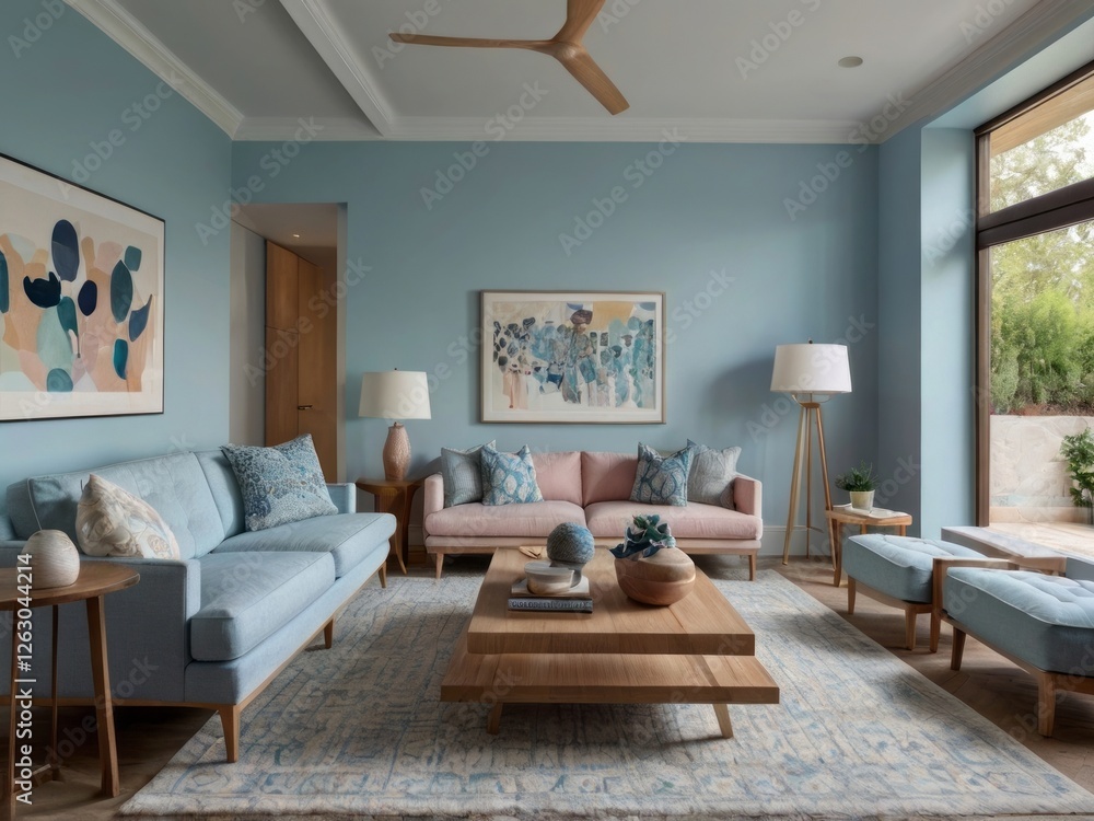 Fototapeta premium Serene Blue Living Room With Modern Artwork And Furniture