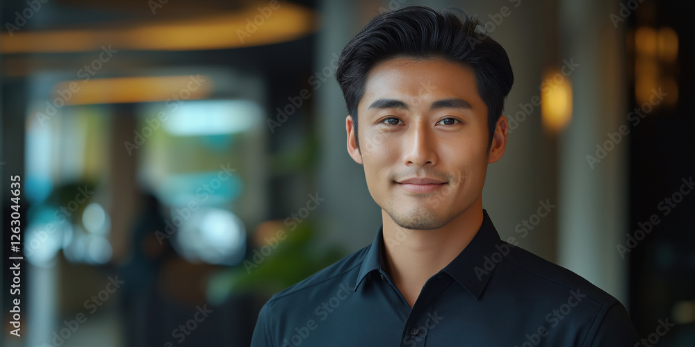 Fototapeta premium Portrait of a handsome 27-year-old Asian businessman standing confidently in the office lobby on the right. Concept of company management, business, entrepreneurship