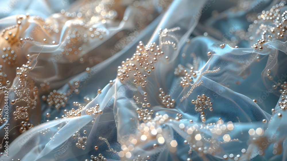 Obraz premium Close-up of delicate fabric with shimmering beads creating an elegant texture, suitable for fashion design