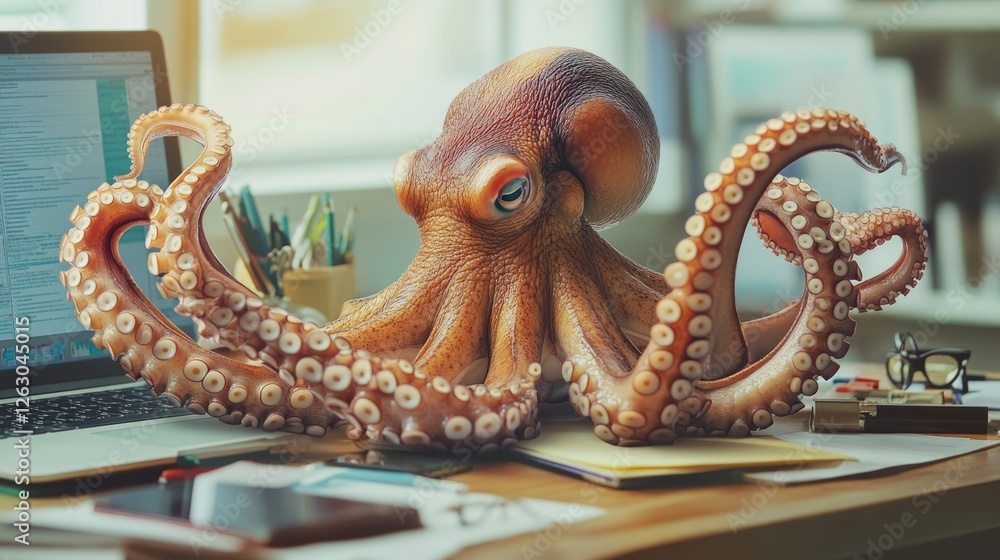 Obraz premium Octopus Multitasking With Laptop. Creative, Flexible Worker Concept.