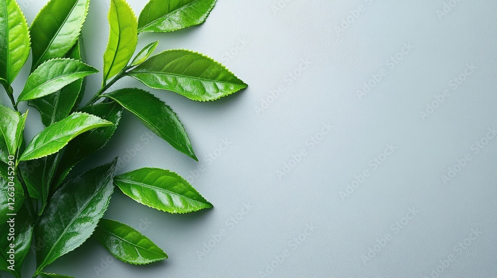 Fototapeta premium Lush Green Tea Leaves on a Light Gray Background