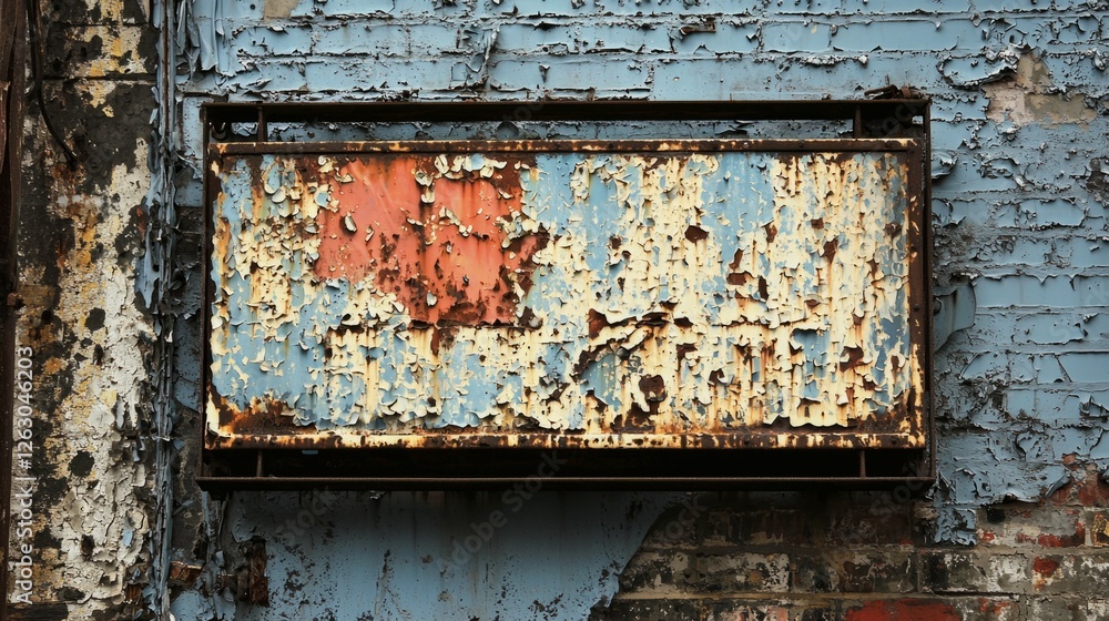 Naklejka premium Vintage Rusty Sign on Weathered Wall with Peeling Paint Texture