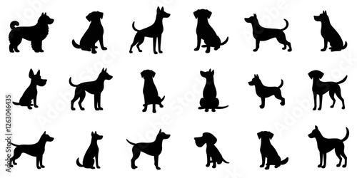 A set of 18 silhouettes of dogs of various breeds in different positions.