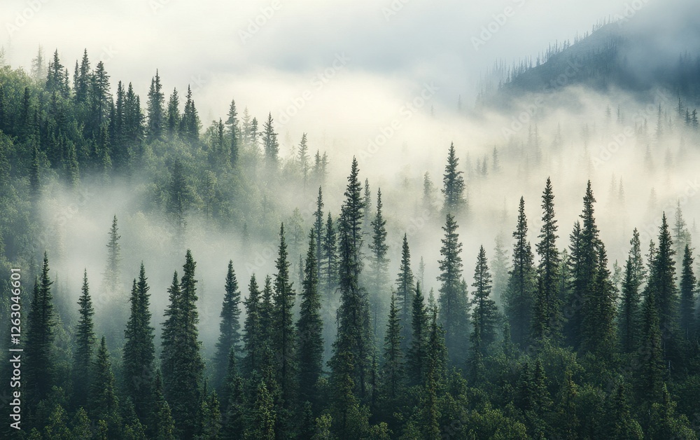 Mystical Fog Shrouded Evergreen Forest A Serene Landscape of Pine Trees in Mountain Mist Mystical Fog Shrouded Evergreen Forest A Serene Landscape of Pine Trees in Mountain Mist