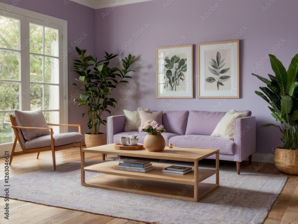 Fototapeta premium Lavender Living Room Featuring Sofa Plants and Artwork