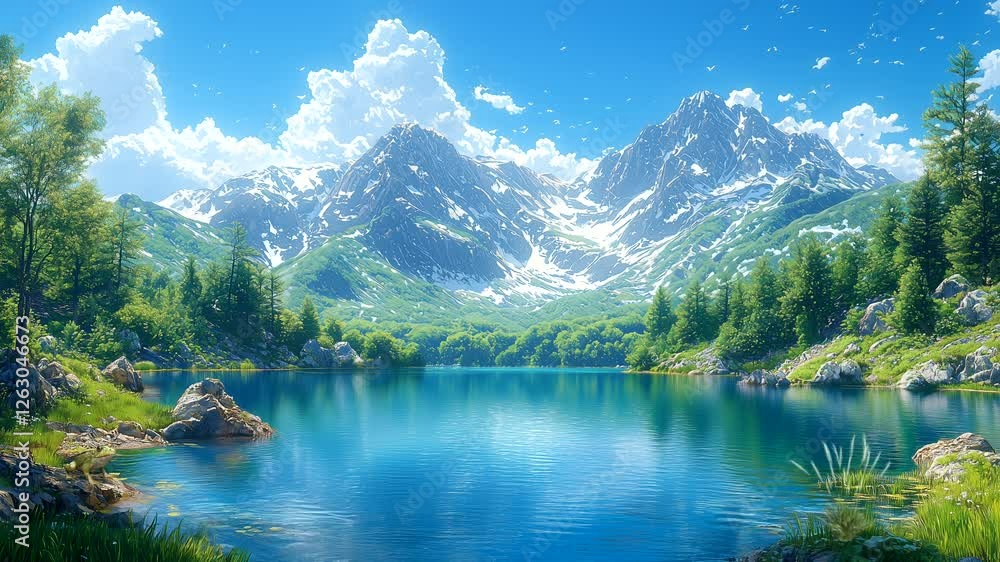 Snowy mountain peaks reflected on crystal clear lake surrounded by green forest seamless looping 4k time-lapse animation video background. Landscape concept