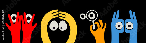 Square abstract comic Faces with various Emotions and hand gestures. Different colored characters. Cartoon style. Flat design. Hand drawn trendy Vector illustration