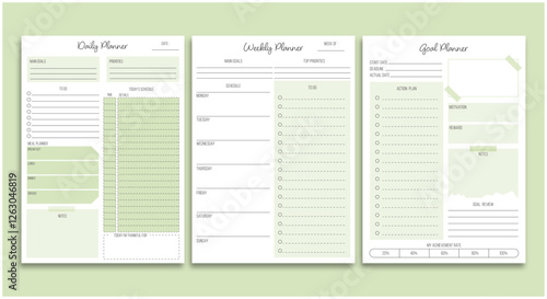 Set of daily , weekly and goal planner sheets. Minimalist and modern planner template. Printable A4 size sheets.Vector illustration