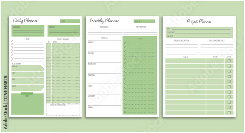 Set of daily , weekly and project planner sheets. Minimalist and modern planner template. Printable A4 size sheets.Vector illustration
