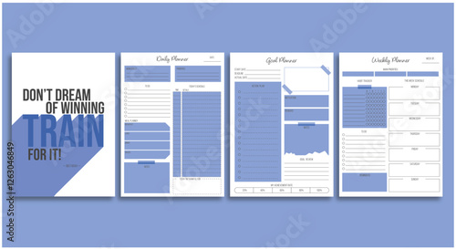Ready to print daily,weekly and goal planner template with cover page.Minimalist and modern style. Set of printable A4 sheets.Vector illustration