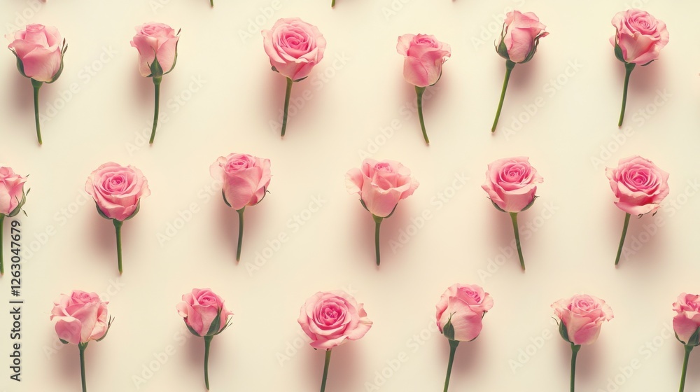 Obraz premium A background of soft pink roses arranged neatly on a pale cream-colored surface, ideal for Valentine's Day designs or stationery.