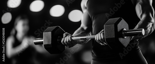muscular man holds dumbbell in gym, showcasing strength and determination. black and white photo captures intensity of workout session