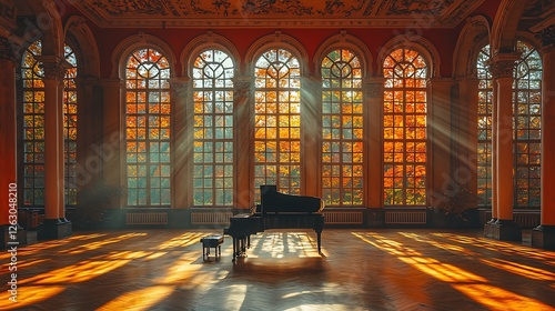 Wallpaper Mural Grand Piano in Sunlit Hall: A majestic grand piano sits center stage in a grand hall, bathed in the warm, golden light streaming through large arched stained-glass windows. Torontodigital.ca