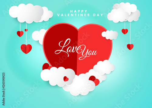 A paper heart with a paper cloud background design is used for Valentine's Day. Sky gradient color paper art background design with love and cloud. 