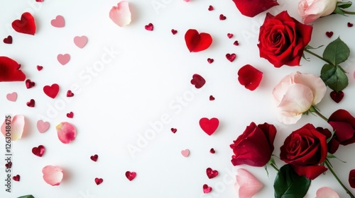 A clean, white background with scattered red and pink rose petals and tiny heart-shaped confetti, perfect for Valentine's Day designs.