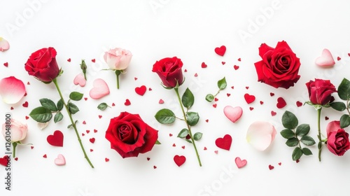 A clean, white background with scattered red and pink rose petals and tiny heart-shaped confetti, perfect for Valentine's Day designs.