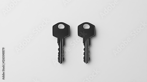 Two duplicate house keys freshly cut on a plain white background
