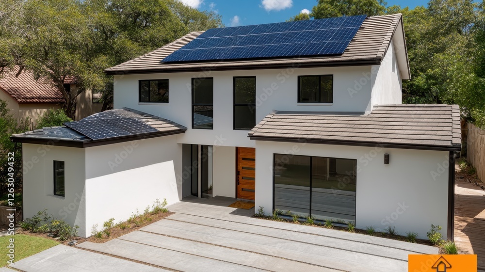 A modern two-story house featuring solar panels, a stylish entryway, and a landscaped driveway under a clear blue sky. A modern two-story house featuring solar panels, a stylish entryway, and a landscaped driveway under a clear blue sky.