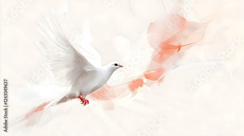 Colombe blanche en vol sur fond abstrait
